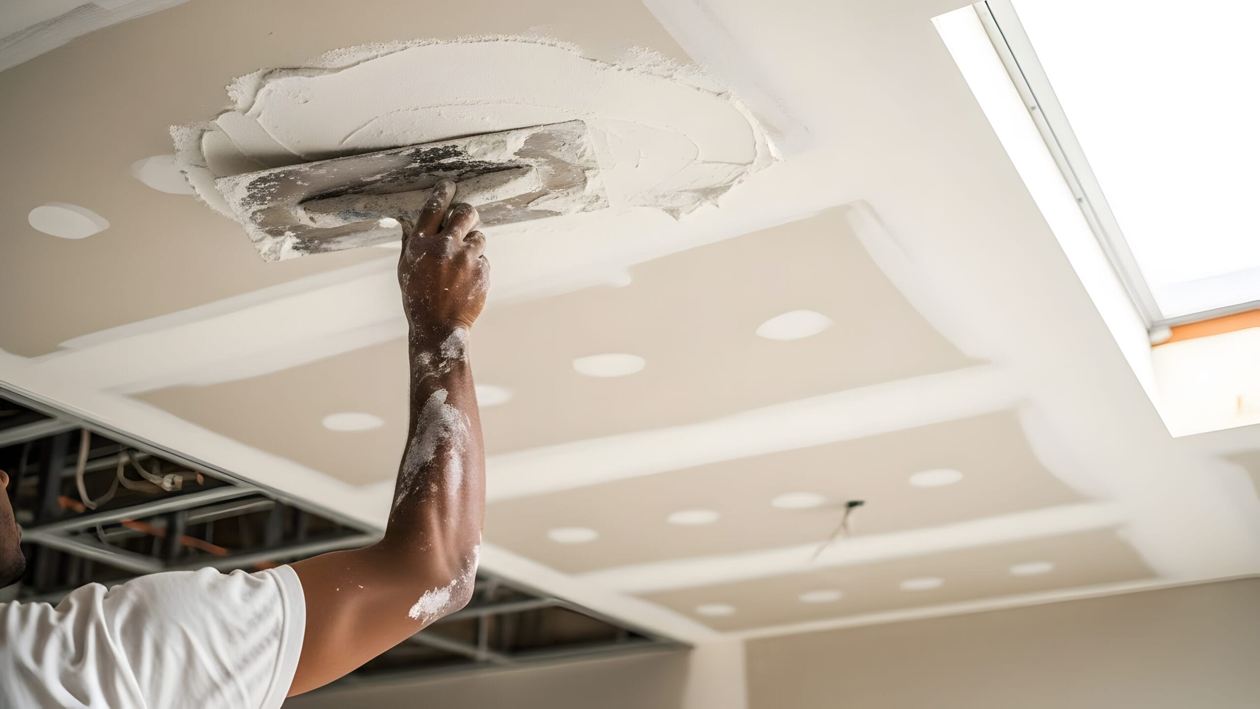 Professional plasterer applying skim coat to new drywall ceiling | Skilled worker finishing interior renovation with joint compound | Close up of construction hand using trowel during ceiling repair