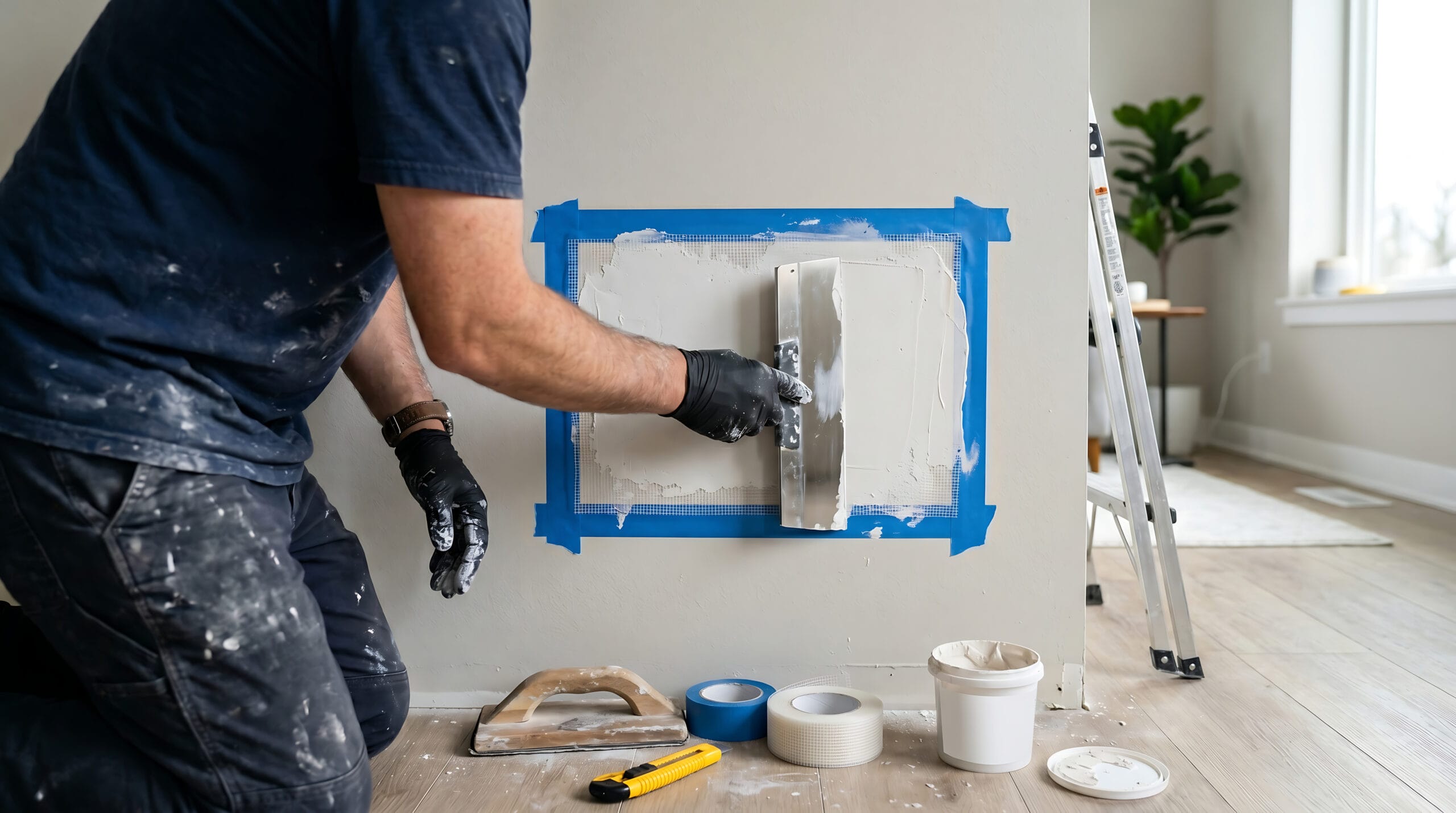 Handyman wearing black gloves fixing drywall hole by applying joint compound plaster with a spatula trowel on a wall framed in blue painter tape during home repair