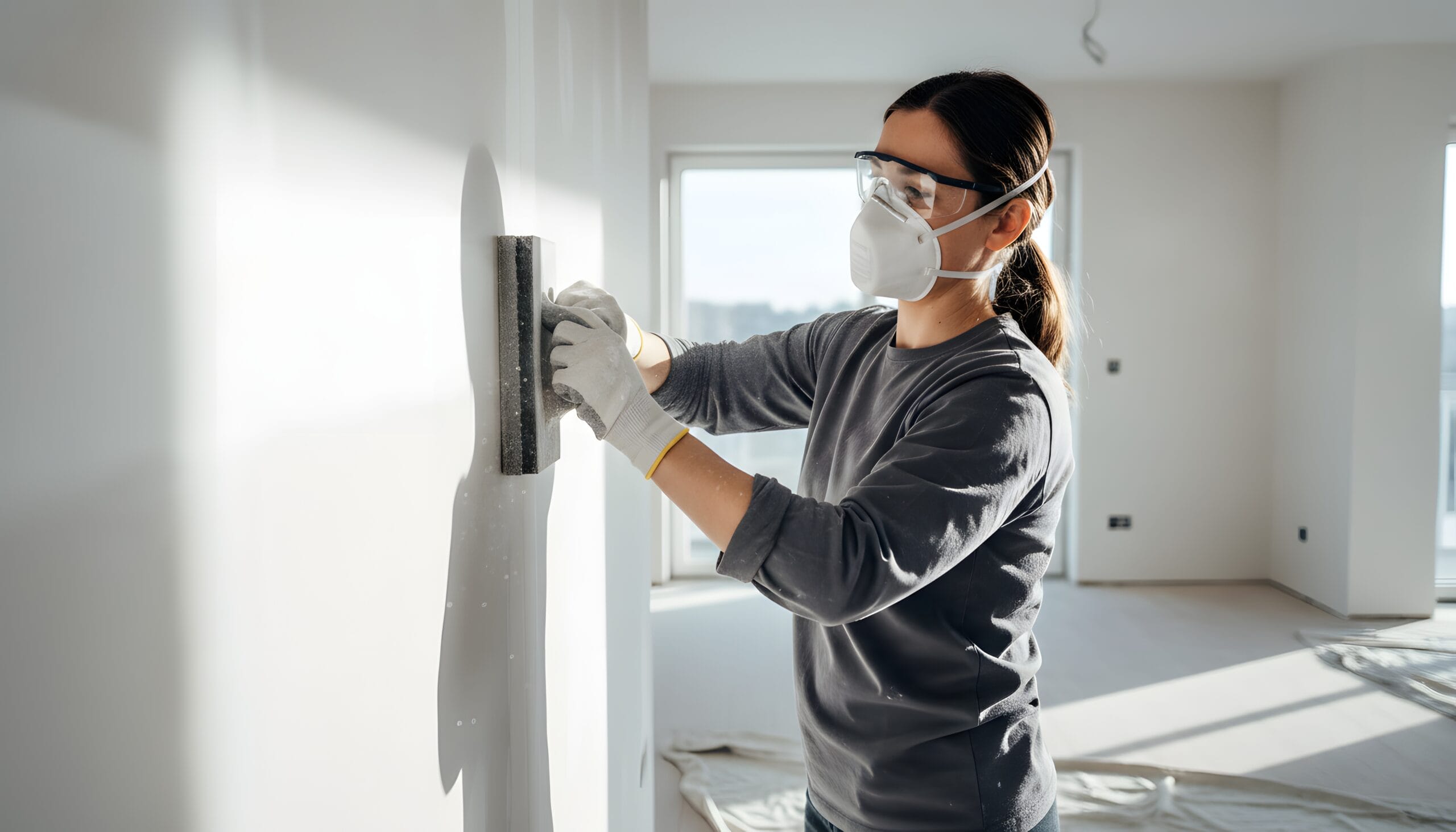 Woman sanding drywall wall wearing protective mask and goggles for health and respiratory safety concept during home renovation
